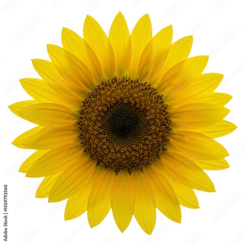 Fototapeta premium Close up of a vibrant yellow sunflower bloom with a detailed brown center against a white background