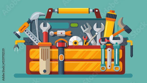 A sturdy metal toolbox showcases professional-grade hand tools—hammer, wrenches, pliers, screwdriver, and tape measure—neatly arranged against a transparent backdrop, symbolizing precision, durability