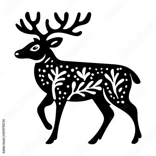 Rustic style figurine with a deer. Ethnic sticker. Bohemian animal silhouettes and floral patterns on Scandinavian style textiles. Handmade relief image of a deer in the style of linocut.