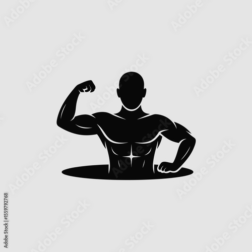 A minimalist black vector icon illustration of a muscular male torso emerging from a dark circular hole flexing his bicep against a light gray background showcasing strength and power