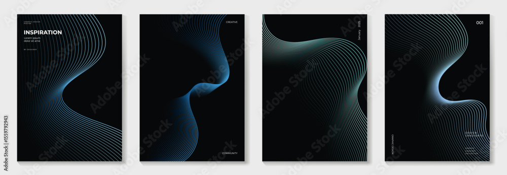 Abstract line wave gradient poster background vector set. Minimalist cover template with vibrant perspective line wave in motion. Ideal design for social media, cover, banner, flyer, music, ads.