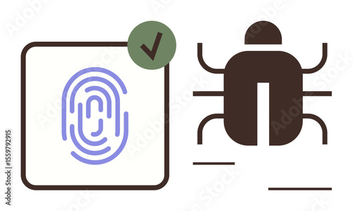 Fingerprint inside a square with a checkmark and bug icon next to it, illustrating safe access and cyber threats. Ideal for cybersecurity, hacking, identity protection, data breaches, software