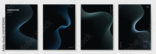 Abstract line wave gradient poster background vector set. Minimalist cover template with vibrant perspective line wave in motion. Ideal design for social media, cover, banner, flyer, music, ads.