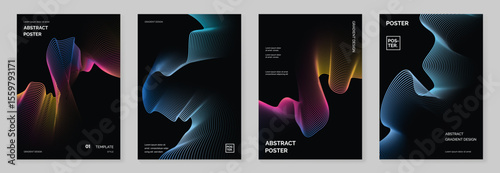 Abstract line wave gradient poster background vector set. Minimalist cover template with vibrant perspective line wave in motion. Ideal design for social media, cover, banner, flyer, music, ads.