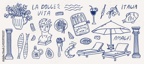 Whimsical Italian vacation vibes hand drawn set. Coastal mediterranean food party summer sketch of floral vase, statue, sardines and beach loungers. Wedding coquette elements for greeting card templat