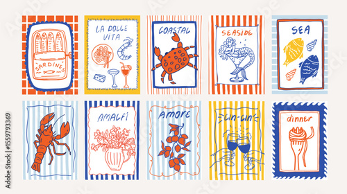 Coastal whimsical hand drawn cards set. Italian summer vacation mediterranean beach sea sketch border frame. Seaside wedding coquette greeting card template vector illustration