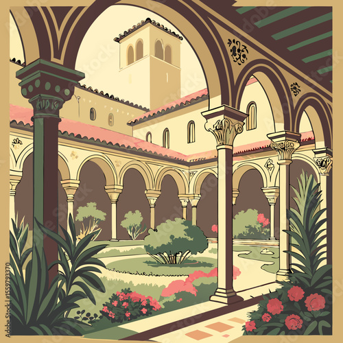 a courtyard with arches and flowers