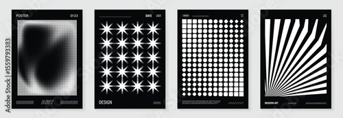 Abstract monochrome poster background vector set. Modern cover template with black and white perspective geometric prism shape, line, dot halftone. Ideal design for social media, banner, ads.