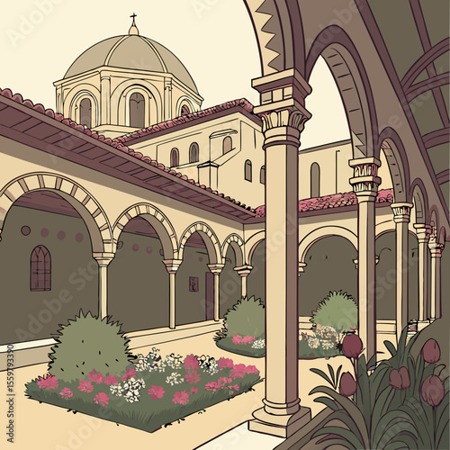 a courtyard with flowers and arches