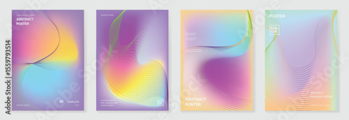 Abstract line wave gradient poster background vector set. Minimalist cover template with vibrant perspective line wave in motion. Ideal design for social media, cover, banner, flyer, music, ads.