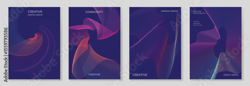 Abstract line wave gradient poster background vector set. Minimalist cover template with vibrant perspective line wave in motion. Ideal design for social media, cover, banner, flyer, music, ads.
