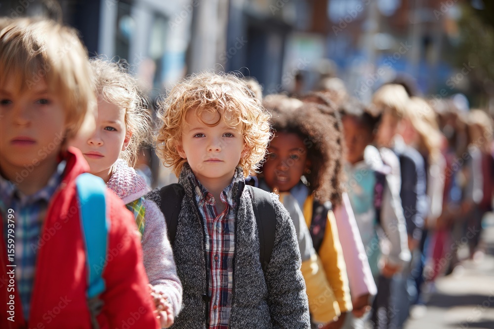 Fototapeta premium Multicultural children lined up outside school on a sunny day