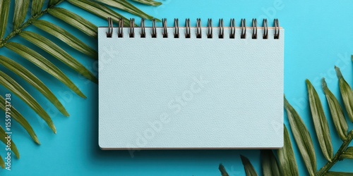 Blank spiral notebook with palm leaves on blue background