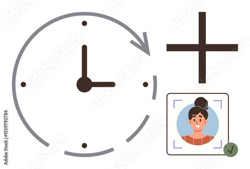 Clock with curved arrow, plus sign for addition, and user avatar with checkmark symbolizing account creation, scheduling, or time management. Ideal for user interface, registration, time tracking