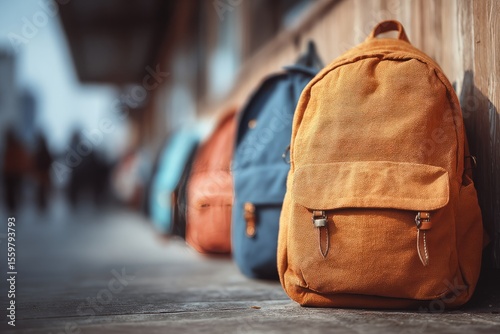 Colorful backpacks lined up outside school on first day