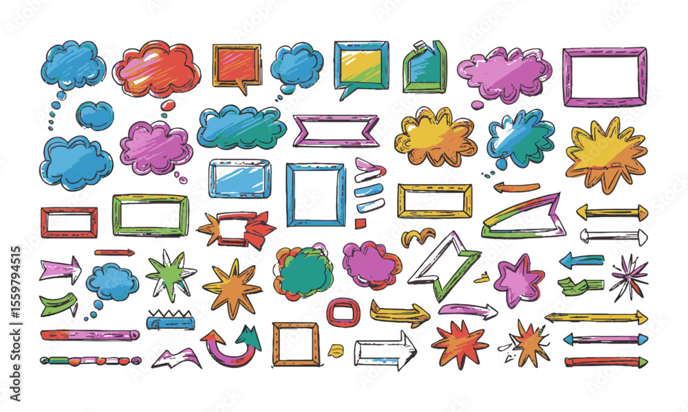 Obraz premium Modern vector illustration of a hand-drawn doodle-style asset pack of colorful speech bubbles, rectangular and round frames, arrows, banners, explosion bursts, wavy lines, easily editable.