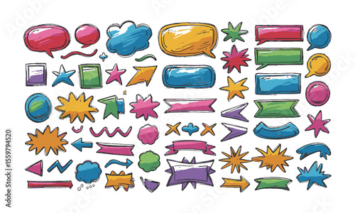 Modern vector illustration of a hand-drawn doodle-style asset pack of colorful speech bubbles, rectangular and round frames, arrows, banners, explosion bursts, wavy lines, easily editable.