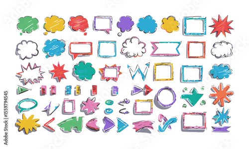 Modern vector illustration of a hand-drawn doodle-style asset pack of colorful speech bubbles, rectangular and round frames, arrows, banners, explosion bursts, wavy lines, easily editable.