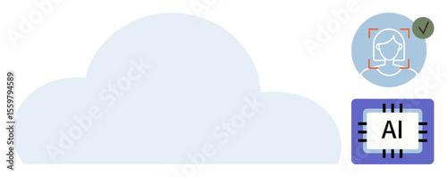Cloud with AI icon and face recognition graphic signifying technology, security, innovation. Ideal for cloud computing, artificial intelligence, data analysis, cybersecurity, identity verification