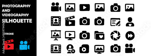 Photography and Videography Icons Silhouette Vector Set – Camera Equipment, Editing Tools and Media Capture Symbols