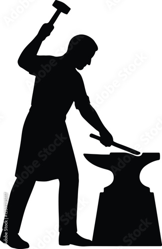 Silhouette blacksmith forging metal with hammer on anvil vector illustration