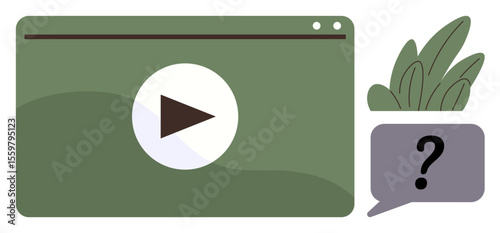 Video player window with play button, decorative plant, and chat bubble with question mark. Ideal for learning platforms, help guides, FAQs, support, streaming, education simple flat metaphor