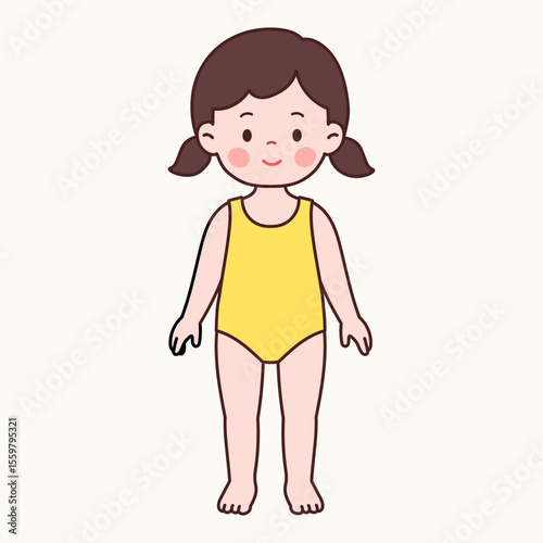 Front View of a Little Girl with Pigtails in a Swimsuit
