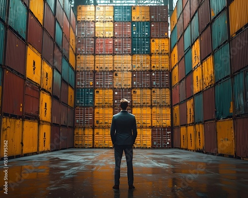 Businessman overseeing a large warehouse filled with stacked shipping containers
