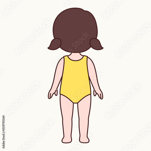 Back View of a Cute Little Girl with Pigtails in a Swimsuit