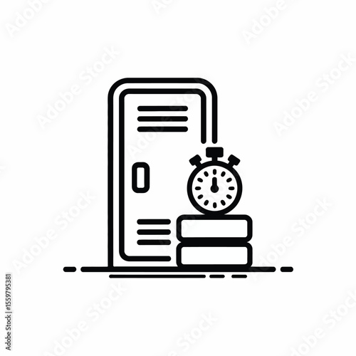 Minimalist Black and White Vector Icon of a Locker with a Stopwatch Resting on Two Stacked Blocks timer