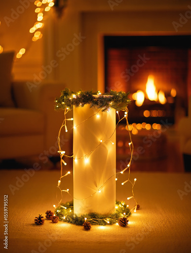 Glowing cylinder with festive lights and pinecones
