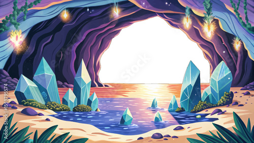 mystical ocean cave illuminated by glowing blue crystals cartoon vector, creating a magical underwater atmosphere with shimmering rocks and deep aquatic shadows
