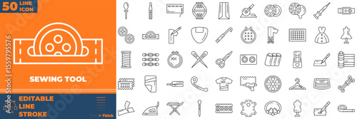 Sewing Tool Line Editable Icons set. Vector illustration in modern thin line style of sewing tool icons: cloth roller, fabrics, Knife cutter, etc