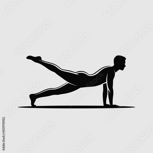 Black Silhouette of a Man Performing a One Legged Plank Exercise on a Light Gray Background Minimalist Vector Icon Graphic