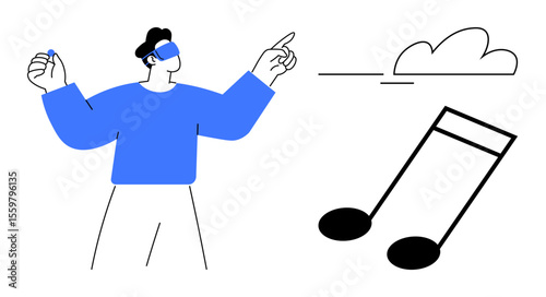 Man wearing VR headset reaching out to music notes and cloud, symbolizing creativity, technology, and innovation. Ideal for music tech, VR advancement, cloud storage, artistic expression, digital