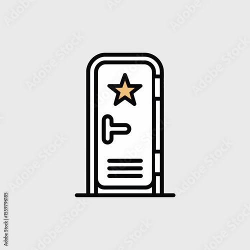A minimalist vector icon illustration of a white door with a black outline and a gold star featuring a simple black handle and three horizontal lines near the bottom