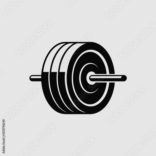 A Minimalist Black and White Vector Icon Depicting a Weight Plate Barbell Isolated on a Light Gray Background Simple Fitness Gym Exercise Strength Training Equipment Graphic Design Element