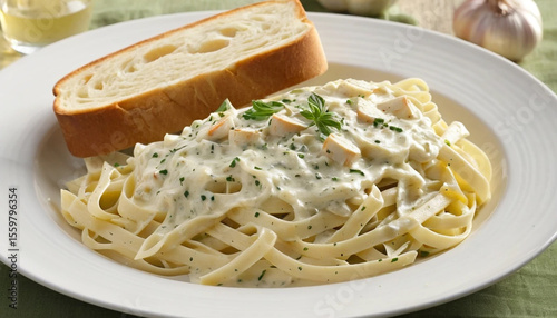 Fettuccine Alfredo pasta served with garlic bread