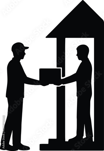 Silhouette delivery man giving package to customer at doorway Vector illustration