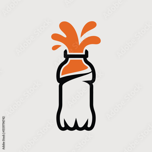 Minimalist Vector Icon Orange Liquid Splashing from Black Outline Plastic Bottle on Light Gray Background