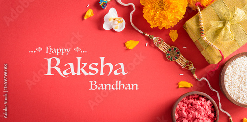 Raksha Bandhan, Indian festival with beautiful Rakhi and  Rice Grains on red background.  A traditional Indian wrist band which is a symbol of love between Sisters and Brothers.