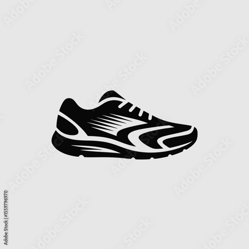 A minimalist black vector icon depicting a single athletic running shoe with white detailing on a light gray background the shoe is angled slightly to the right showcasing its design