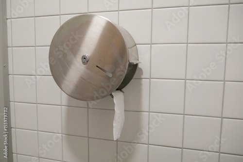 Close-up of a stainless steel toilet paper dispenser with a roll of white tissue in a public restroom. Hygiene detail in modern bathroom interior with ceramic tiled wall