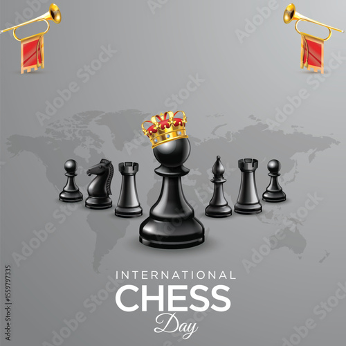 international chess day international chess day 20 july 2024 all chess piecess in black color  with world map background
