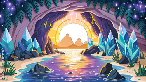 mystical ocean cave illuminated by glowing blue crystals cartoon vector, creating a magical underwater atmosphere with shimmering rocks and deep aquatic shadows