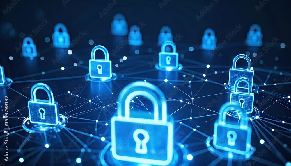 Digital network security with glowing padlocks representing secure connections in a complex system ensuring data protection and privacy.