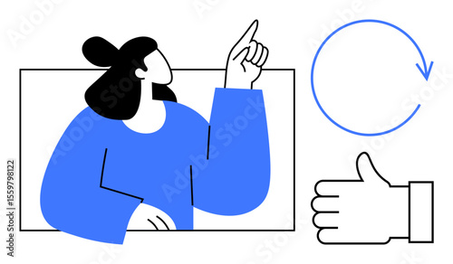 Female figure pointing upward, circular arrow indicating cycle, hand gesture for approval or feedback. Ideal for motivation, renewal, customer satisfaction, teamwork, growth, feedback simple landing