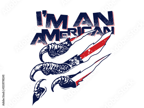 Amarican logo with dinosaur hand  slicing the flag