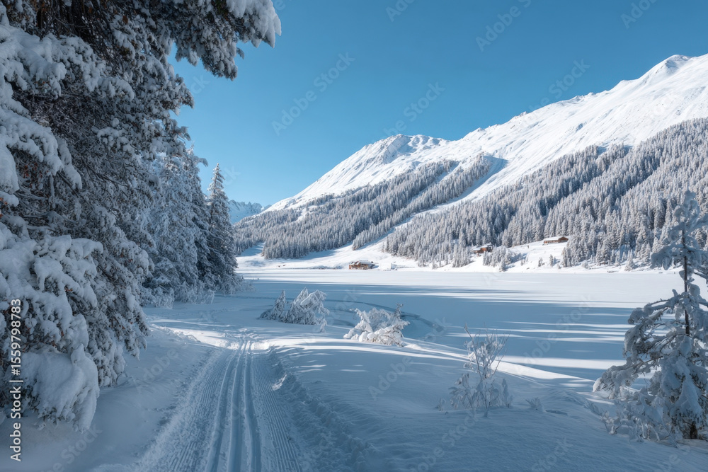 Obraz premium Winter mountain landscape with frozen lake and cross-country ski trail covered in snow