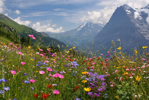 Vibrant wildflowers blooming in alpine meadow with majestic mountain backdrop